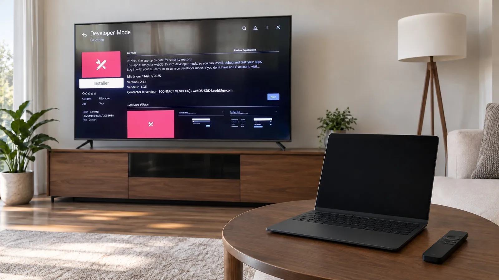 Activer le mode développeur de votre Smart TV LG : fiche de l’application Developer Mode avec le bouton Installer