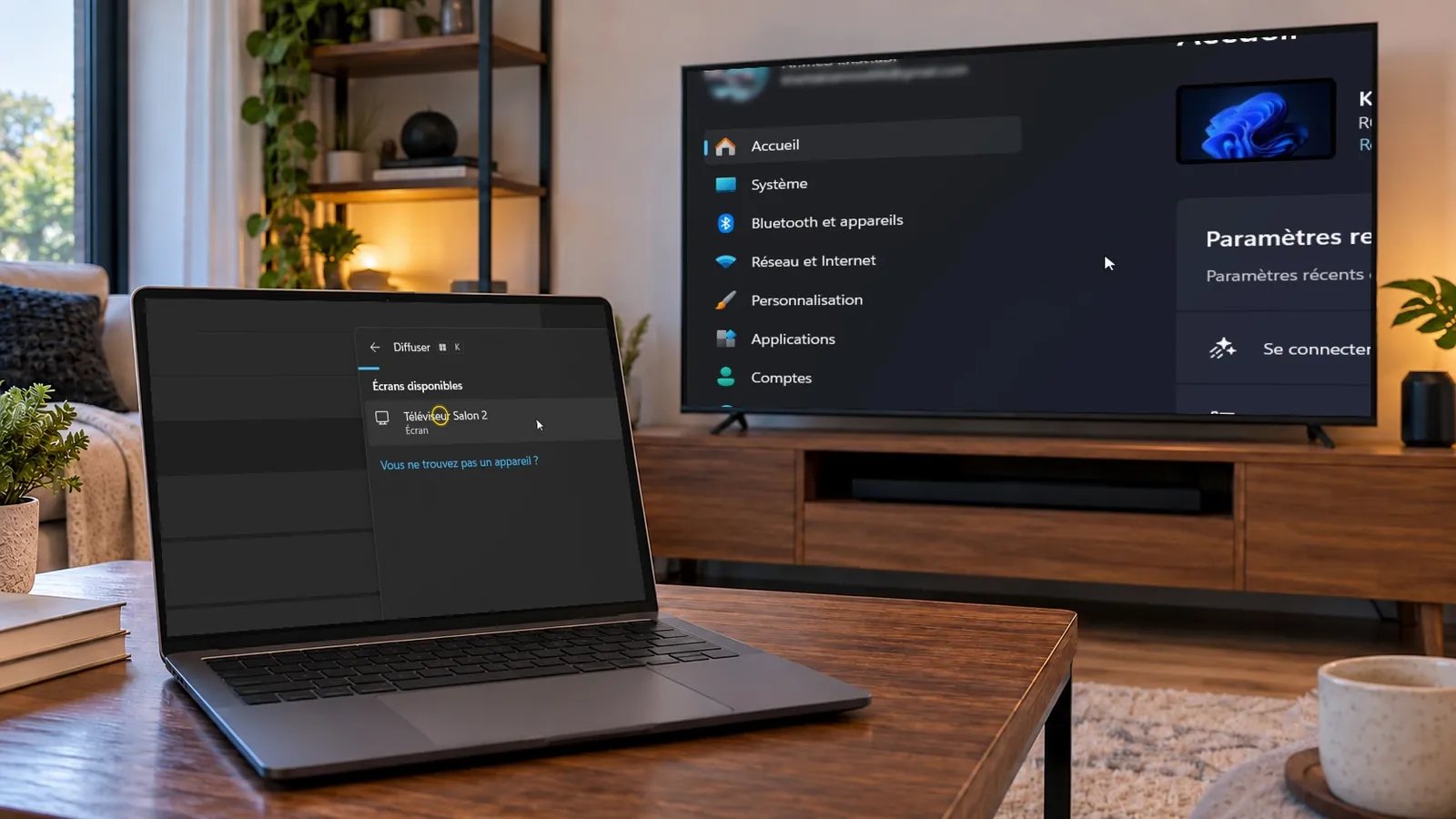 Afficher l’écran d’un ordinateur sur une TV : panneau Diffuser de Windows 11 listant la télé dans Écrans disponibles