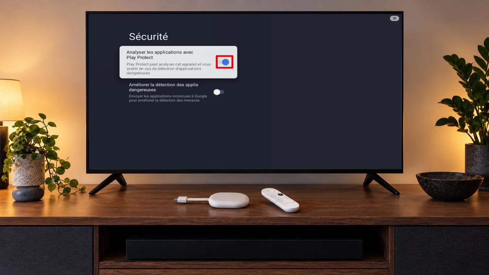 Autoriser les applications inconnues sur Chromecast Google TV : interrupteur Play Protect désactivé dans la page Sécurité