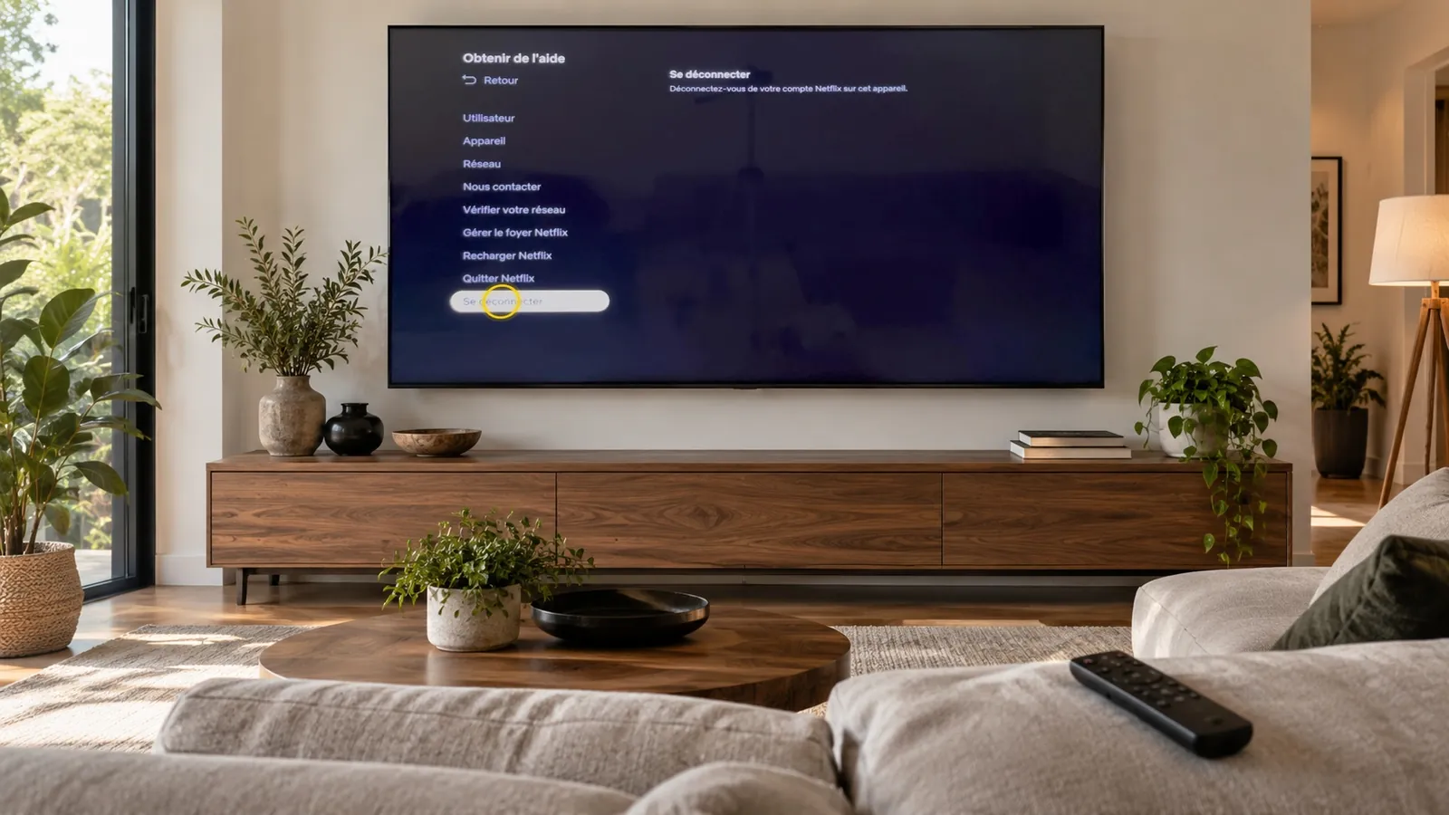 Changer de compte Netflix sur la télé Samsung : téléviseur affichant deux cartes de profil avec une flèche d’échange entre elles et un pictogramme de déconnexion, smartphone posé devant
