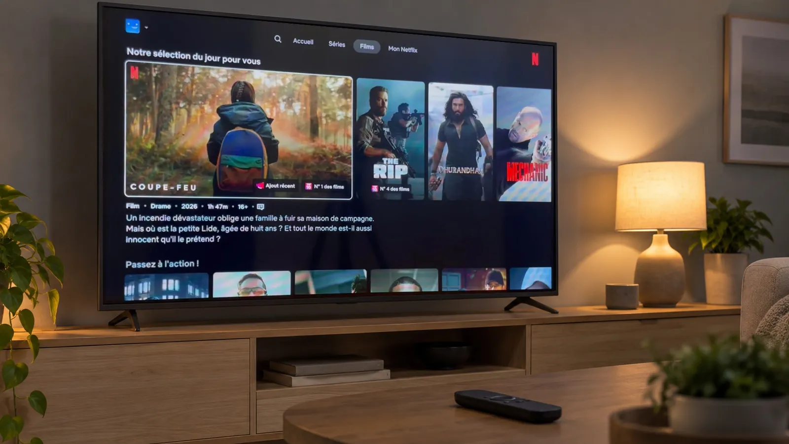 Changer la qualité sur Netflix sur TV : application Netflix affichée sur un téléviseur, page Films