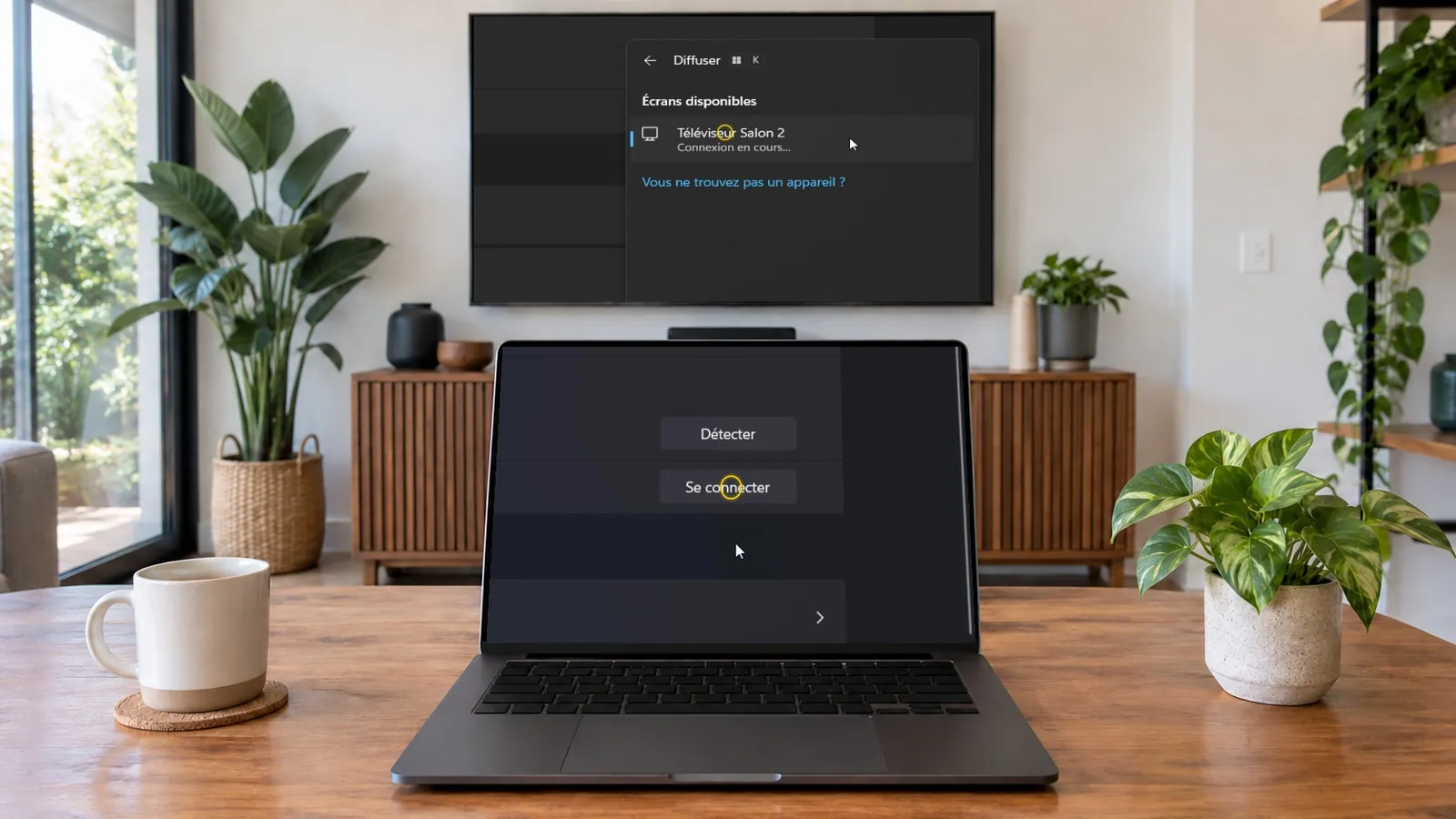 Connecter mon PC à ma TV Philips en Wi-Fi : ordinateur portable ouvert sur une table basse devant un téléviseur mural qui affiche le même bureau, sans câble