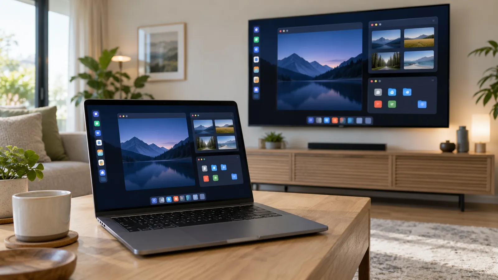 Comment connecter son PC à sa TV Samsung en Wi-Fi Connecter son PC à sa TV Samsung en Wi-Fi : un ordinateur portable ouvert devant un téléviseur mural qui affiche le même bureau