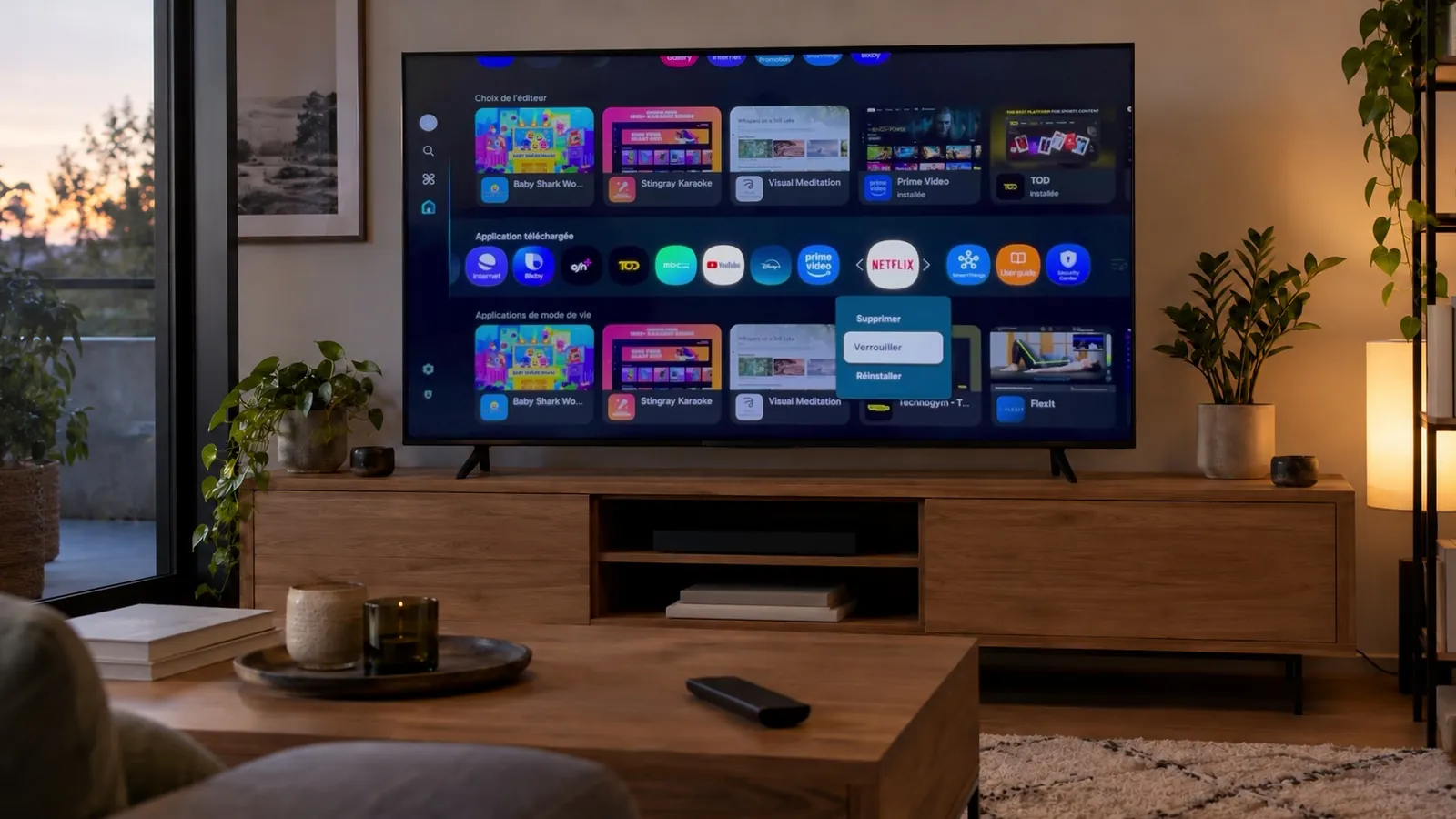 Désinstaller Netflix sur TV Samsung : téléviseur mural affichant une rangée d’applications, la tuile sélectionnée surmontée d’un menu avec une corbeille barrée et un cadenas