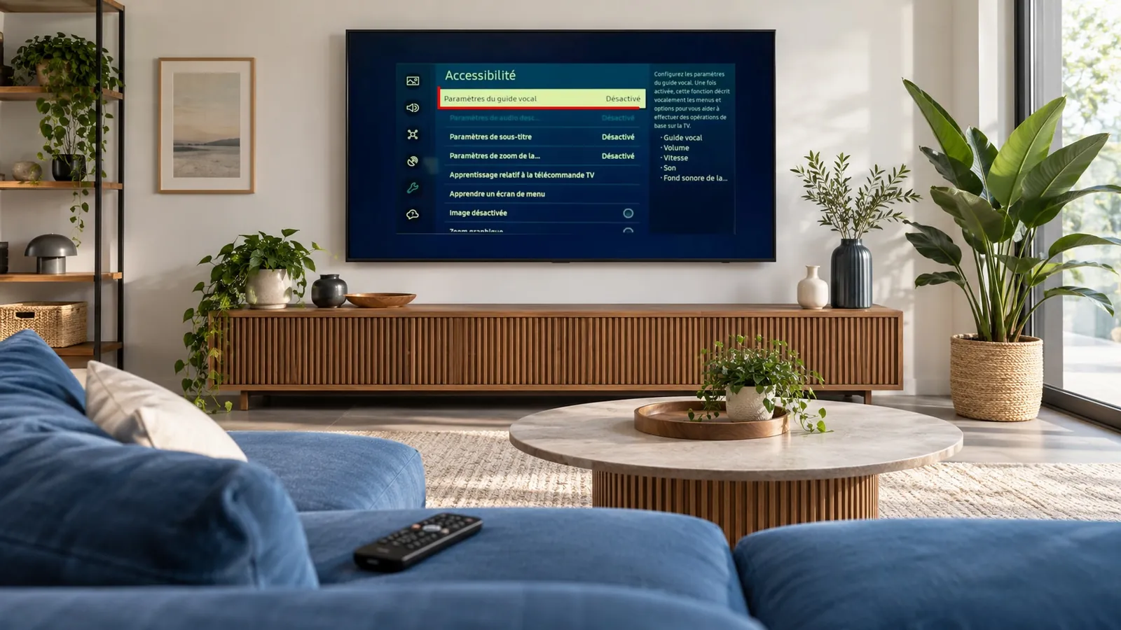 Enlever la voix pour les aveugles sur TV Samsung : ligne Paramètres du guide vocal dans la page Accessibilité d’une TV Samsung