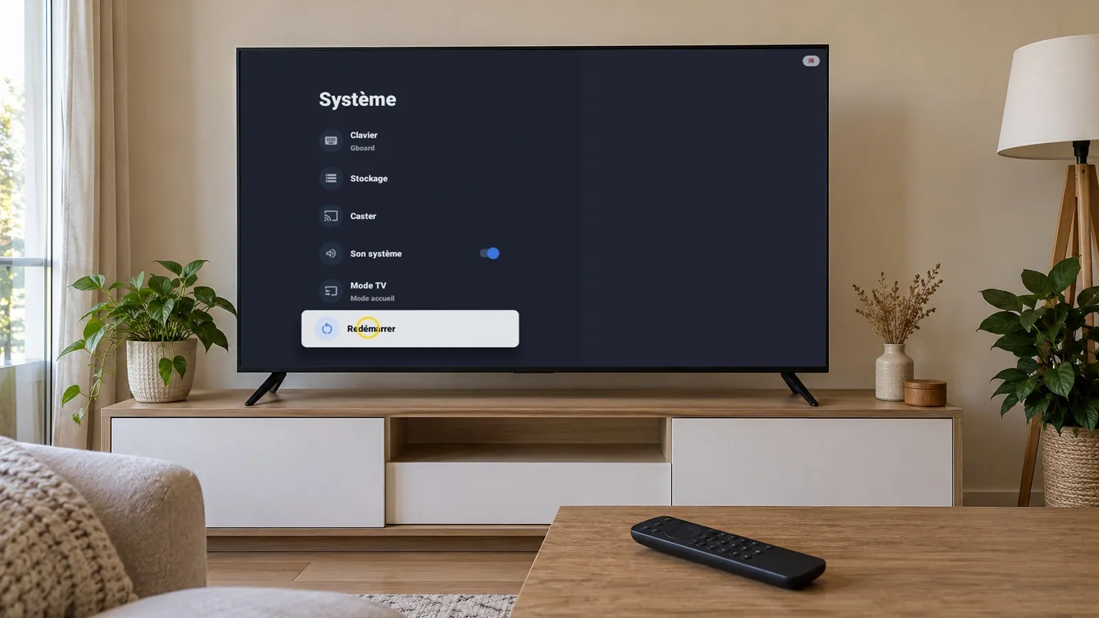 Enlever le mode sécurisé sur TV TCL : option Redémarrer sélectionnée dans le menu Système d’une TV TCL