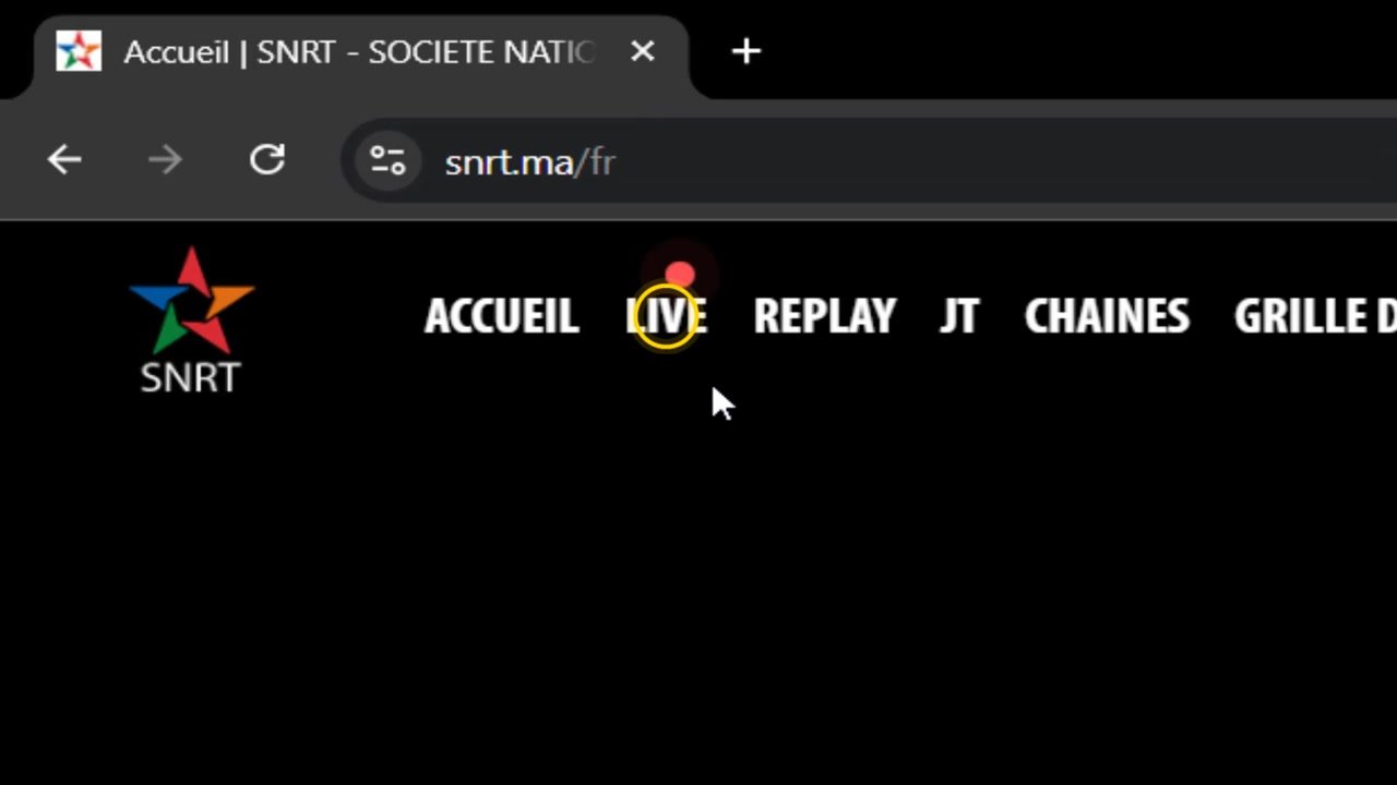 Menu du site de la SNRT avec l’entrée Live mise en avant