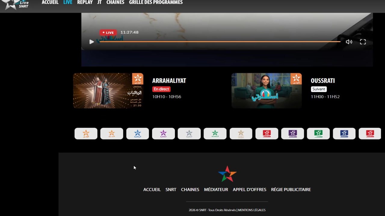 Lecteur Live du site de la SNRT avec la rangée des logos des chaînes, dont Al Aoula