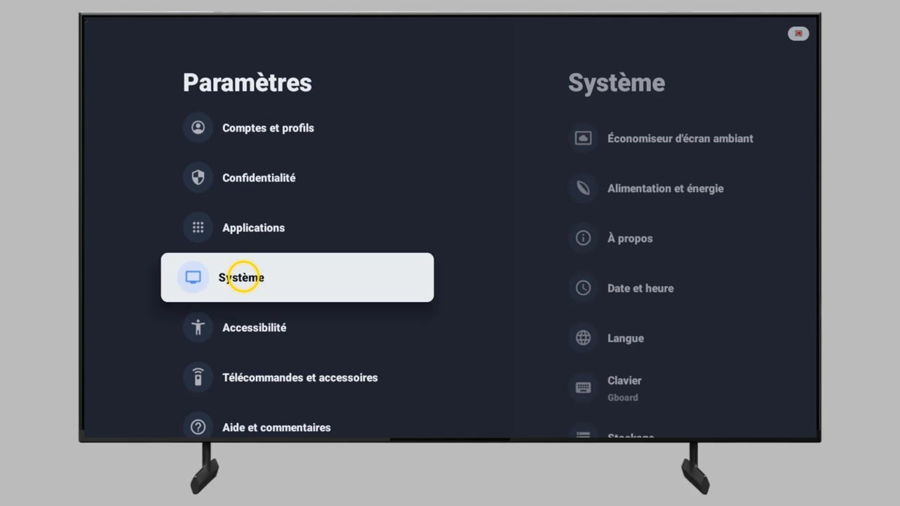 Entrée Système sélectionnée dans les Paramètres d’une TV TCL, avec ses options à droite