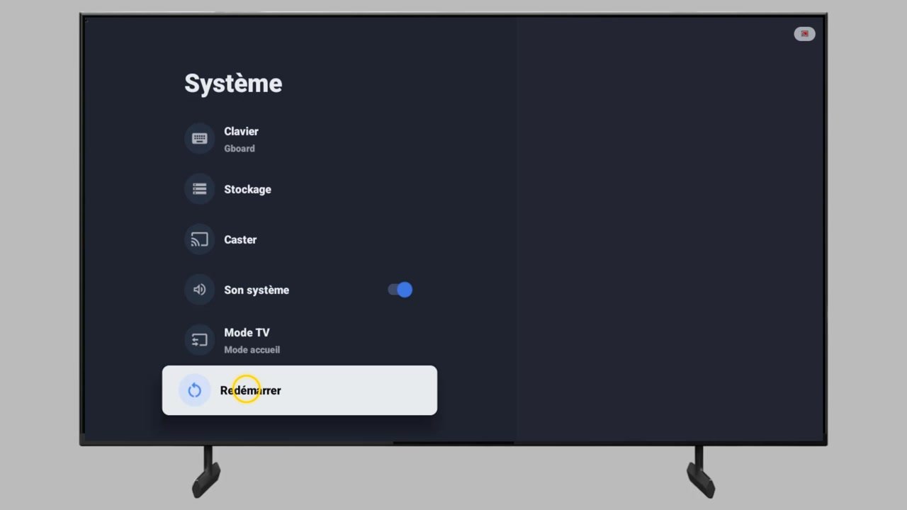 Option Redémarrer sélectionnée en bas du menu Système d’une TV TCL