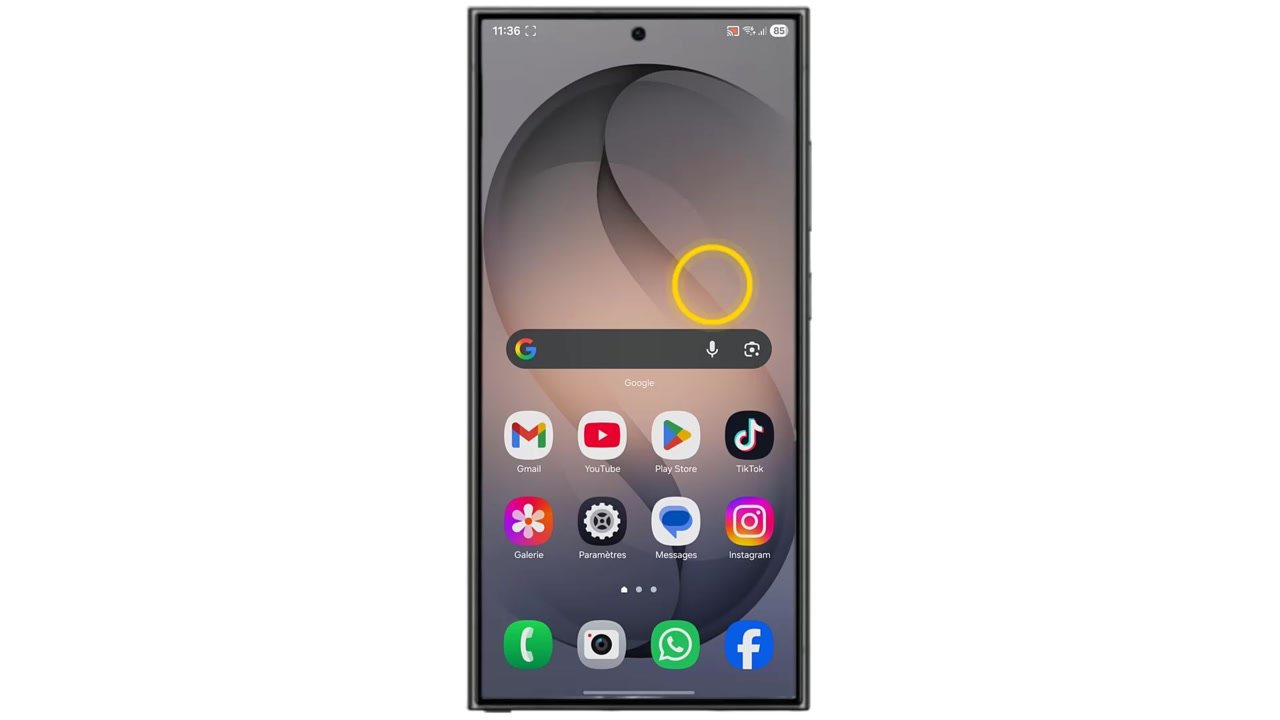 Panneau des raccourcis d’un smartphone Galaxy ouvert, avec les réglages de luminosité et de volume