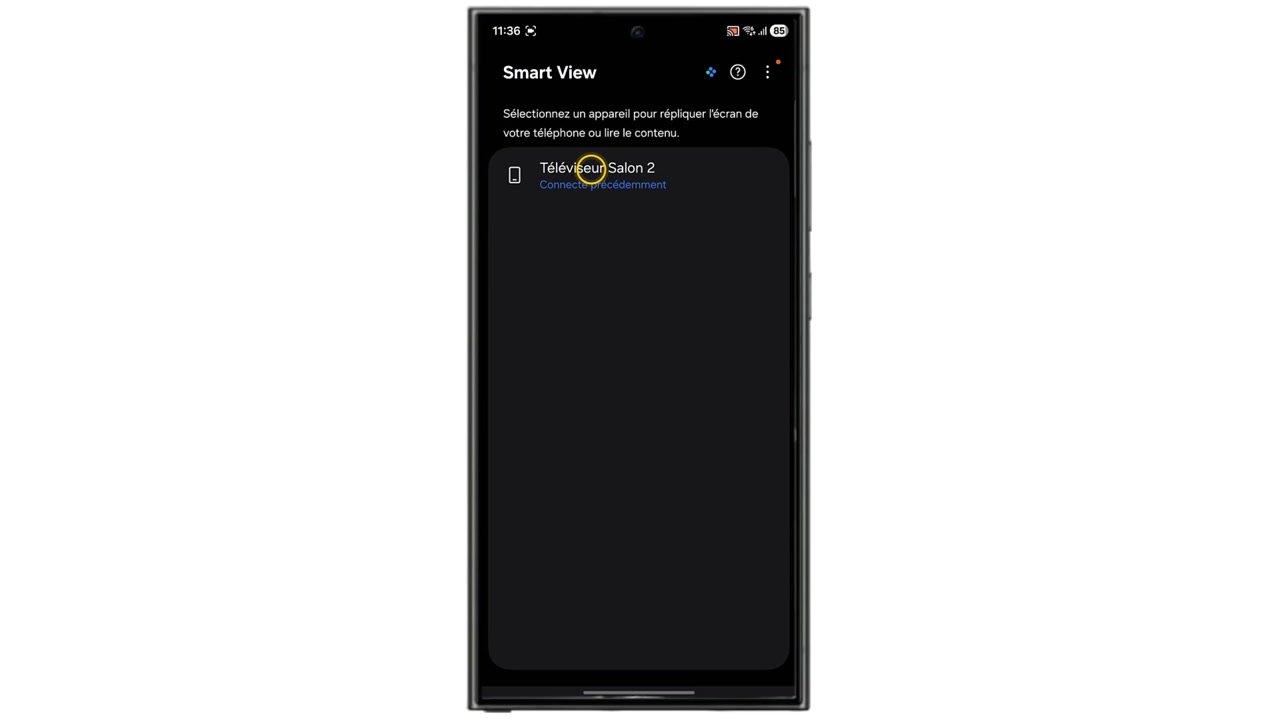 Écran Smart View du téléphone listant le téléviseur Sony à sélectionner pour lancer la réplication