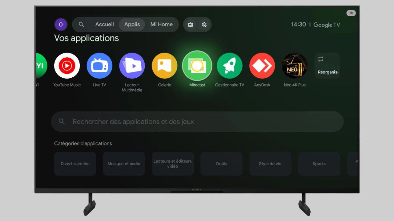 Onglet Applis d’une TV Sony Bravia Google TV avec l’application Miracast mise en avant
