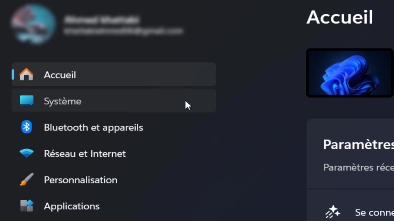 Colonne de gauche des Paramètres de Windows 11 avec le pointeur sur Système
