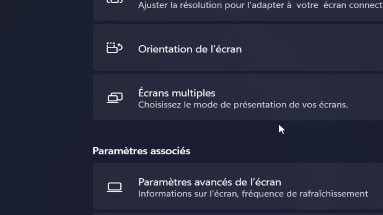 Section Écrans multiples de la page Écran de Windows 11