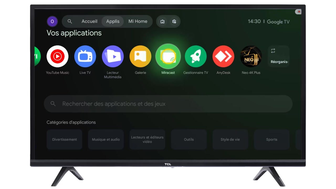 Onglet Applis d’une TV Google TV avec l’application Miracast mise en avant