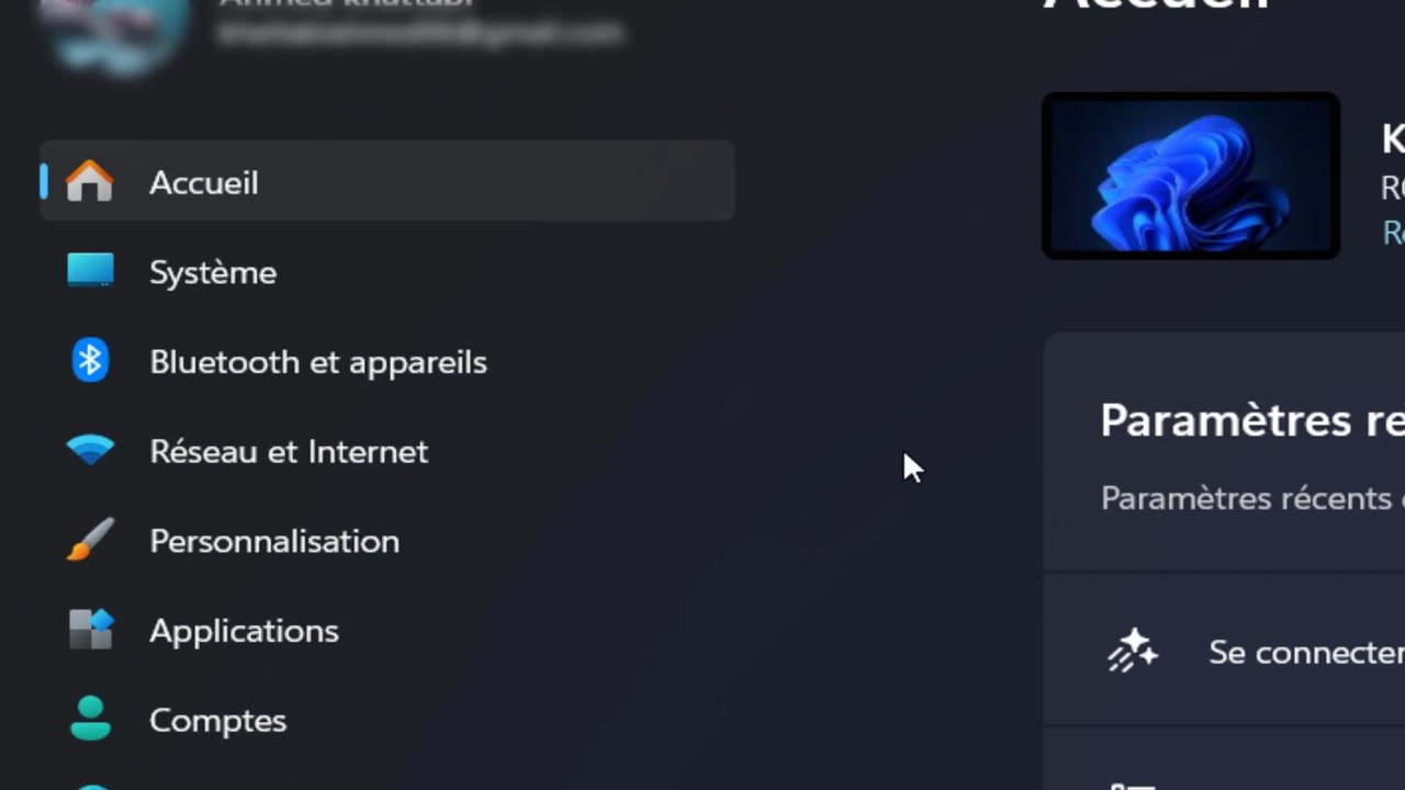 Fenêtre Paramètres de Windows 11 ouverte sur la page d’accueil