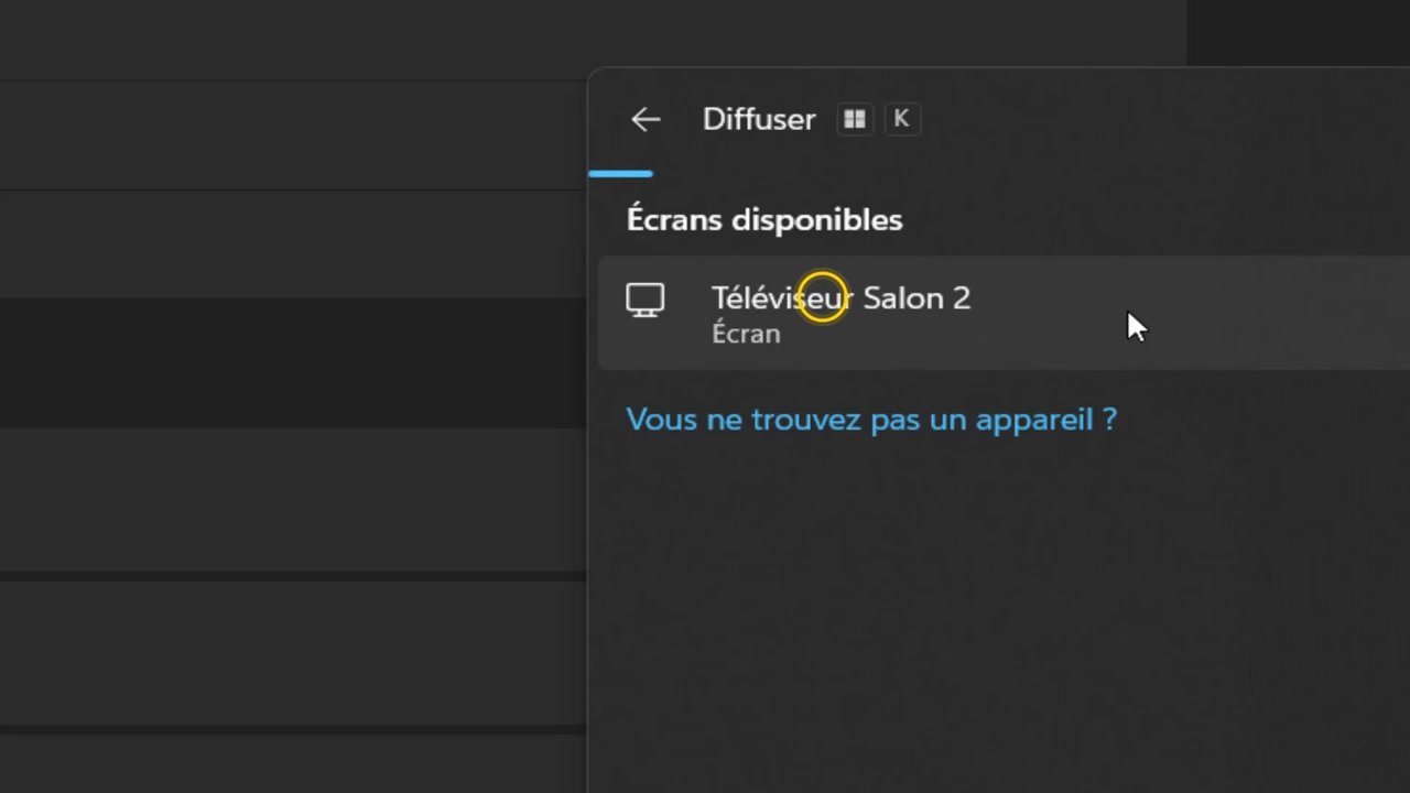 Panneau Diffuser de Windows 11 listant la télé dans Écrans disponibles