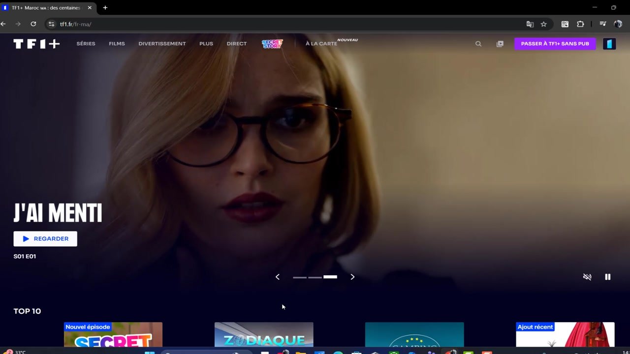 Page d’accueil de TF1+ dans un navigateur avec le menu Séries, Films, Divertissement, Plus, Direct