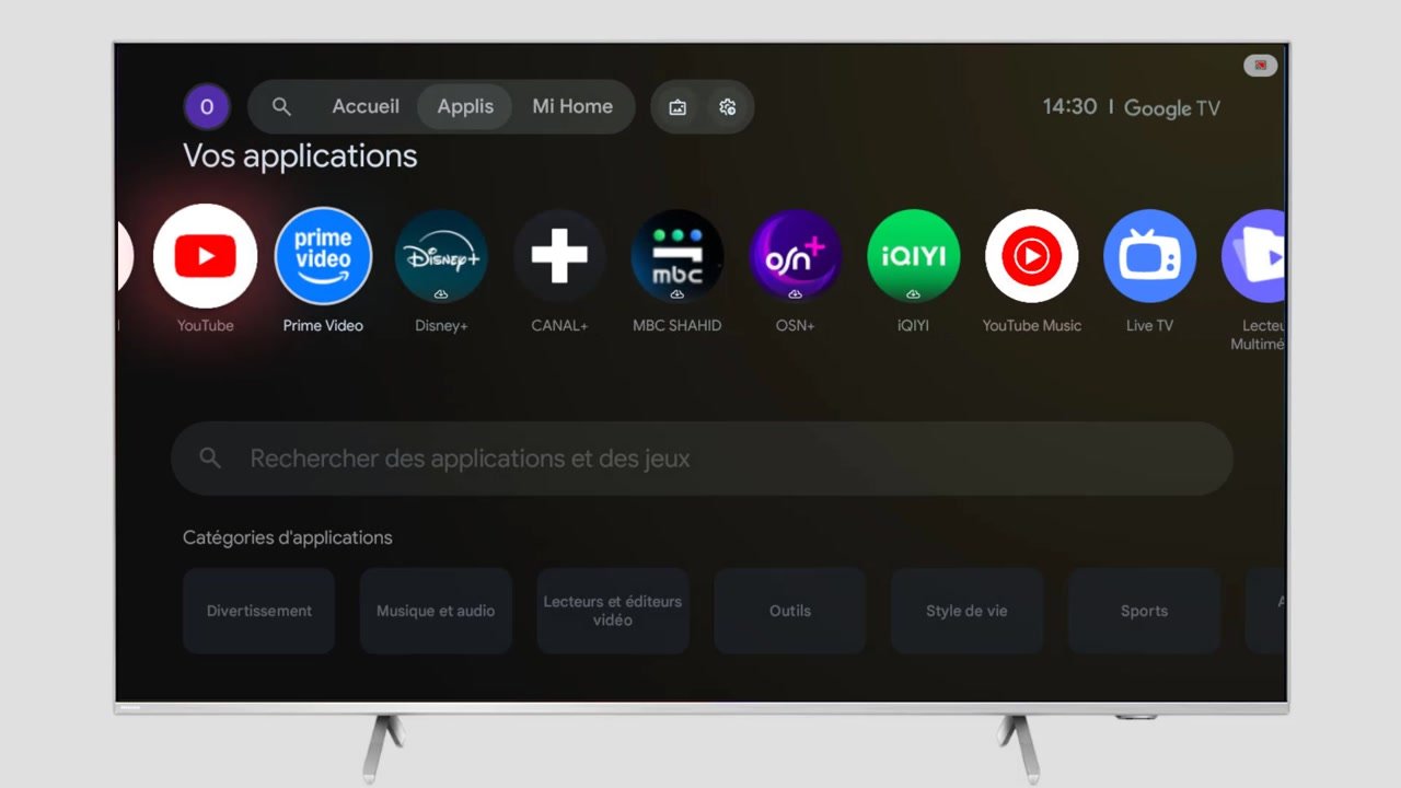 Onglet Applis d’un téléviseur Philips Google TV avec l’application Miracast dans la ligne Vos applications
