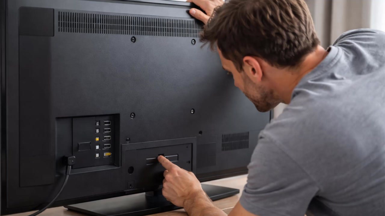 Arrière d’un téléviseur Sony Bravia avec le bloc de commande et les prises, le bouton d’alimentation sous le doigt