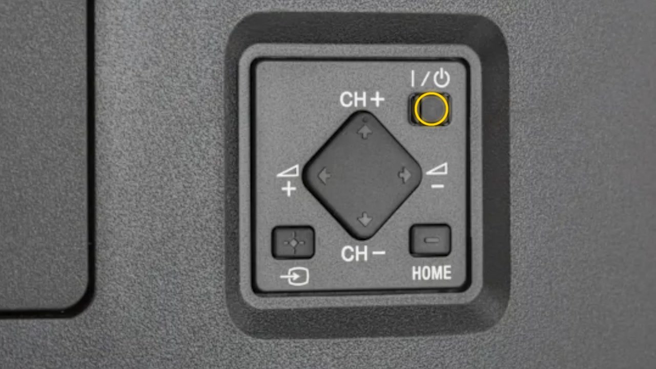 Bloc de commande d’une TV Sony Bravia avec le bouton d’alimentation I/⏻ entouré, les touches CH+, CH-, volume, Entrée et Home