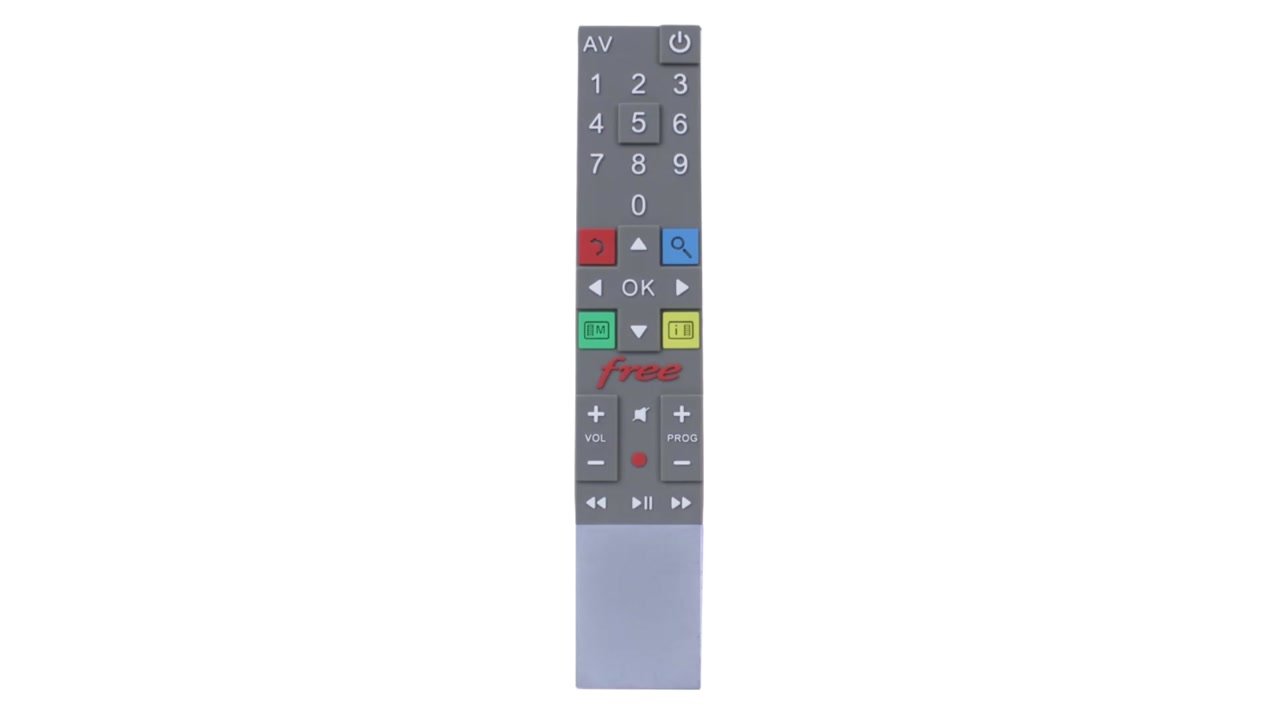 Télécommande Free de la Freebox Révolution, avec la touche AV en haut à gauche et la touche Free au centre