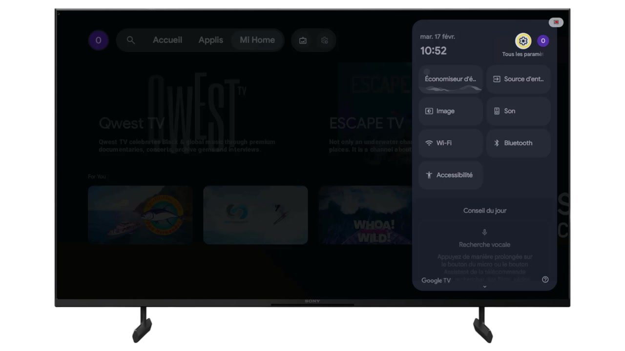 Panneau des Réglages rapides d’une TV Sony avec l’icône Tous les paramètres entourée