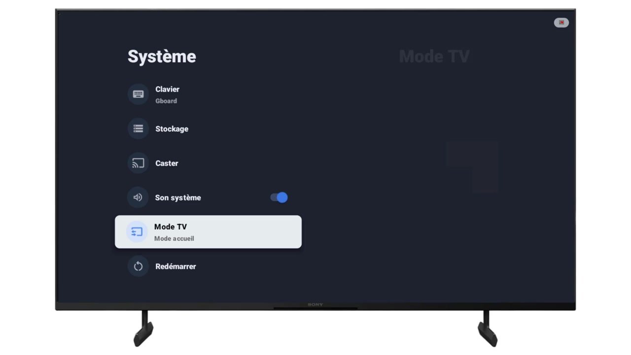 Entrée Mode TV sélectionnée dans le menu Système d’une TV Sony, avec Mode accueil et Mode magasin à droite