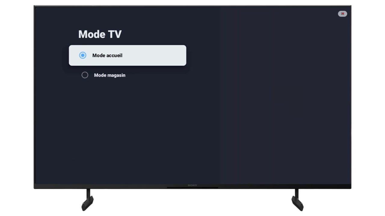 Page Mode TV d’une TV Sony avec Mode accueil coché et Mode magasin décoché