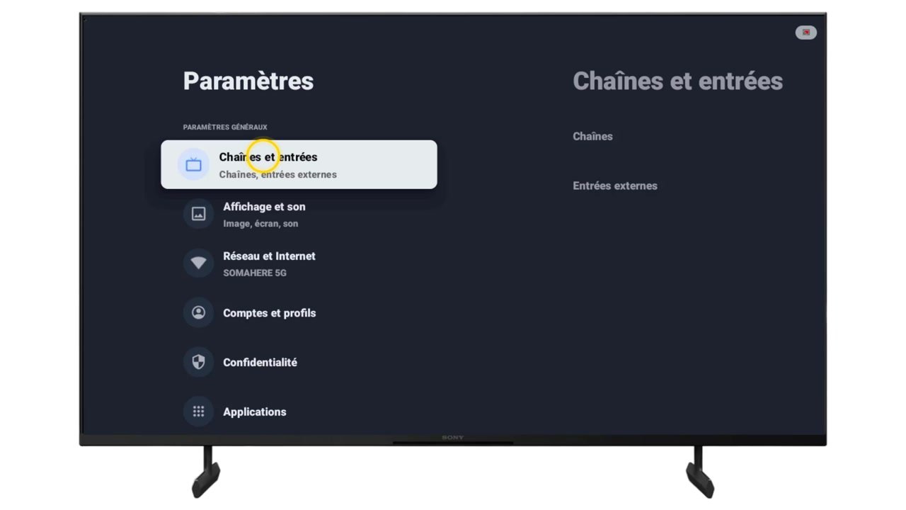 Entrée Chaînes et entrées sélectionnée dans les Paramètres d’une TV Sony