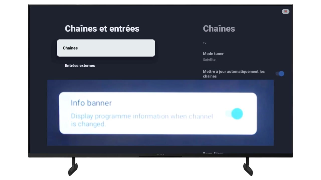 Interrupteur Info banner, afficher les informations du programme au changement de chaîne, dans les paramètres d’une TV Sony
