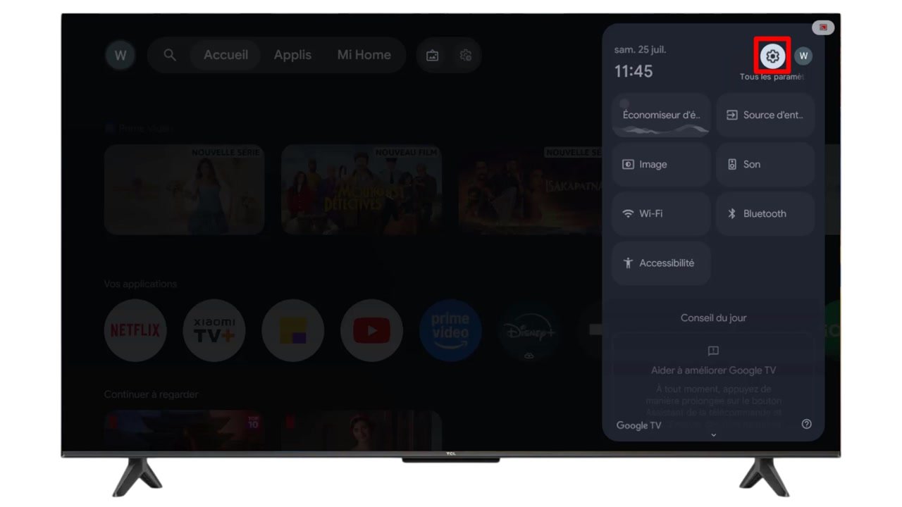 Panneau des réglages rapides de Google TV avec l’engrenage Tous les paramètres encadré