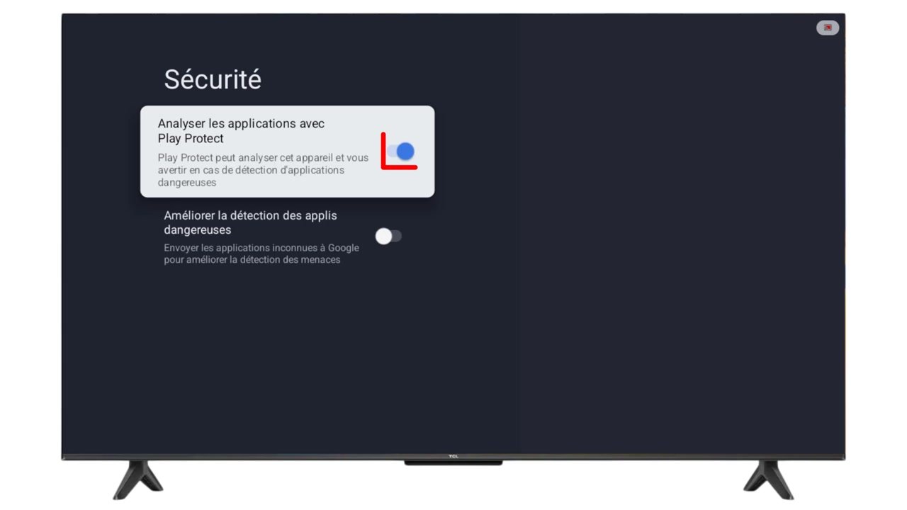 Page Sécurité des applications de Google TV avec l’option Analyser les applications avec Play Protect activée