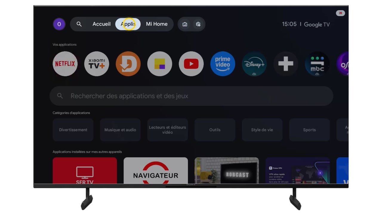 Onglet Applis de l’accueil Google TV d’une TV Sony Bravia, avec la ligne Vos applications et la barre de recherche