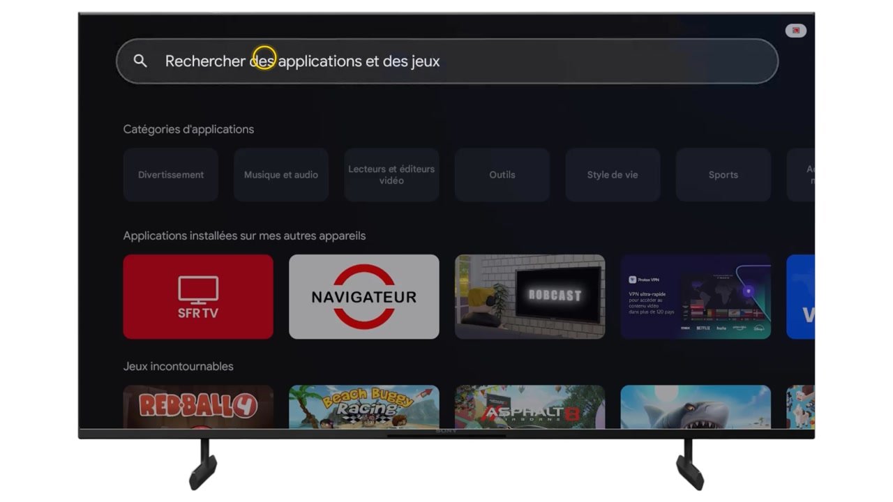 Barre de recherche Rechercher des applications et des jeux sélectionnée sur une TV Sony Bravia