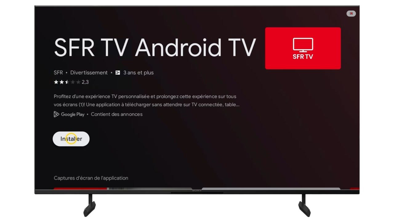Fiche d’une application sur le Google Play Store d’une TV Sony Bravia avec le bouton Installer entouré
