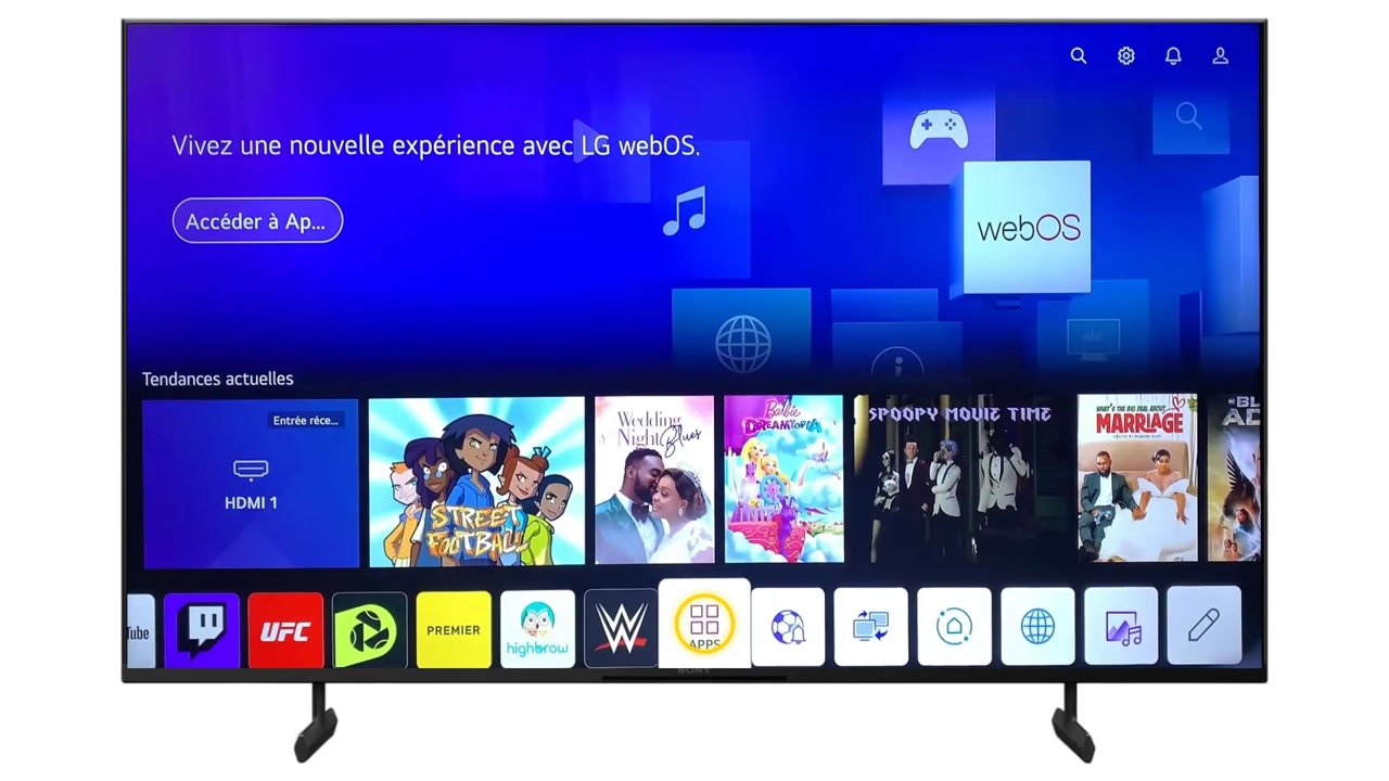 Barre d’applications de l’accueil webOS d’une TV LG avec l’icône APPS mise en avant
