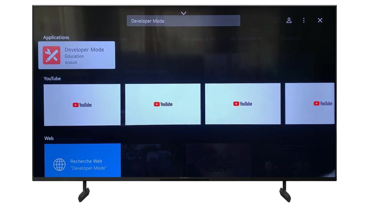 Résultats de recherche Developer Mode sur une TV LG, application affichée dans la section Applications