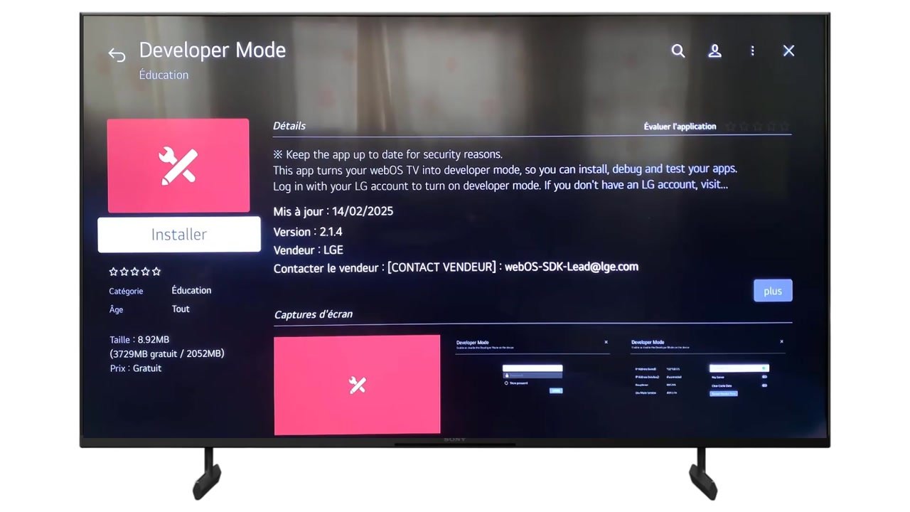 Fiche de l’application Developer Mode sur une TV LG avec le bouton Installer entouré