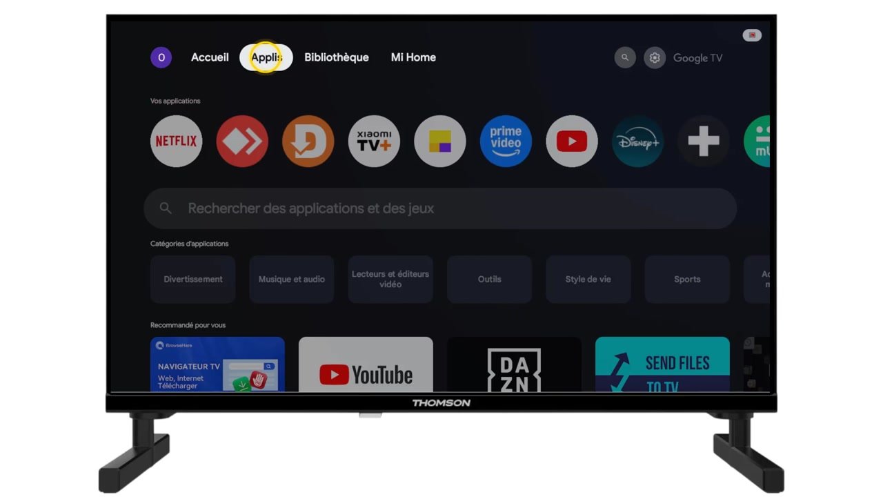 Onglet Applis de l’écran d’accueil d’une TV Google TV avec les applications installées