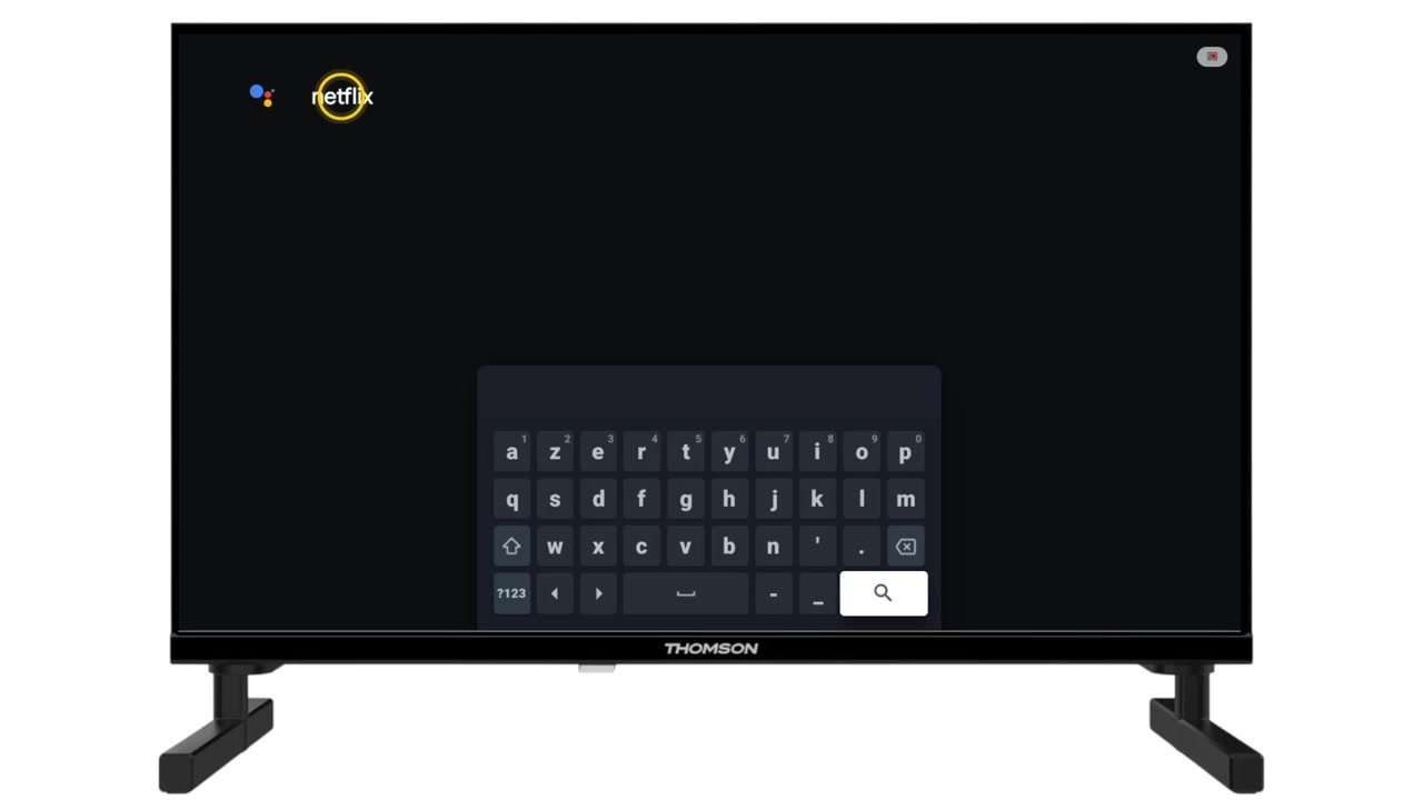 Clavier à l’écran d’une TV Google TV avec la recherche netflix saisie