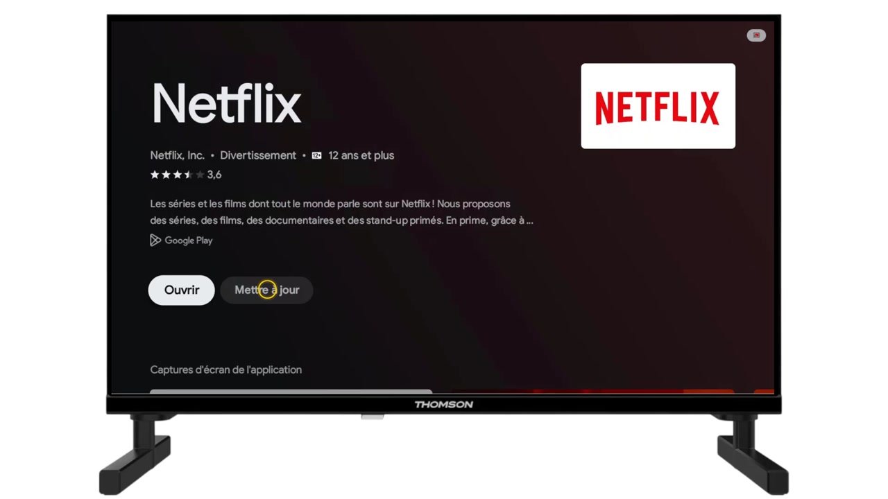 Fiche Netflix dans le magasin d’une TV Google TV avec les boutons Ouvrir et Mettre à jour