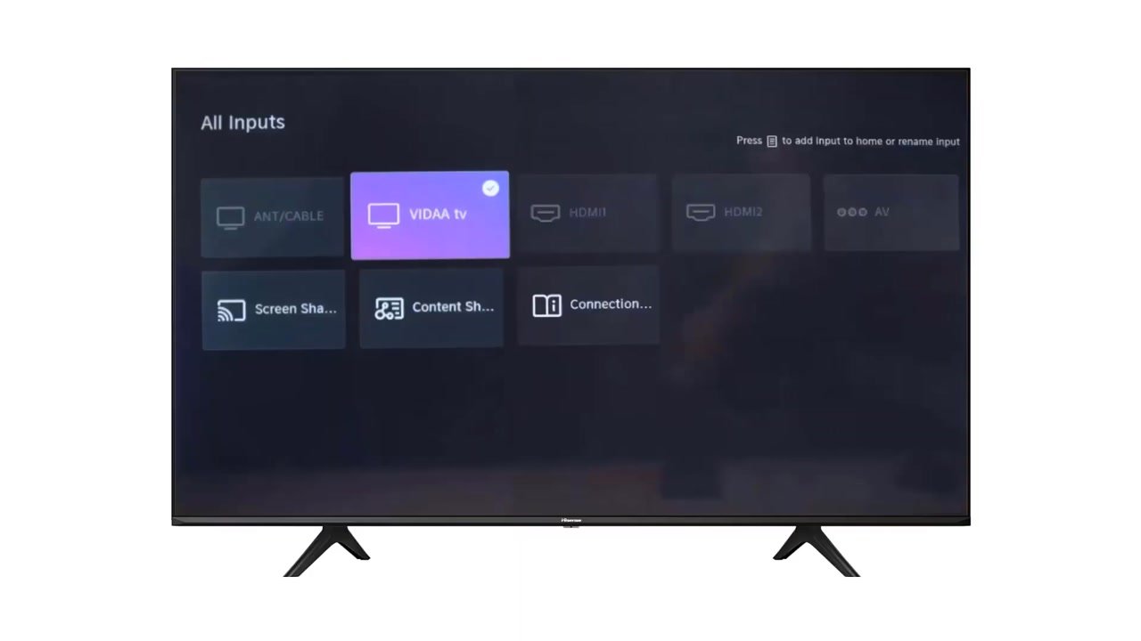 Page All Inputs d’une TV Hisense VIDAA avec les entrées HDMI et la tuile Screen Sharing