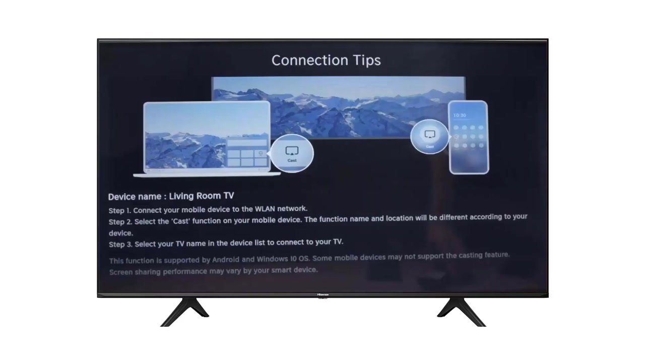 Écran Connection Tips de la TV Hisense indiquant le nom de la télé et les trois étapes de connexion