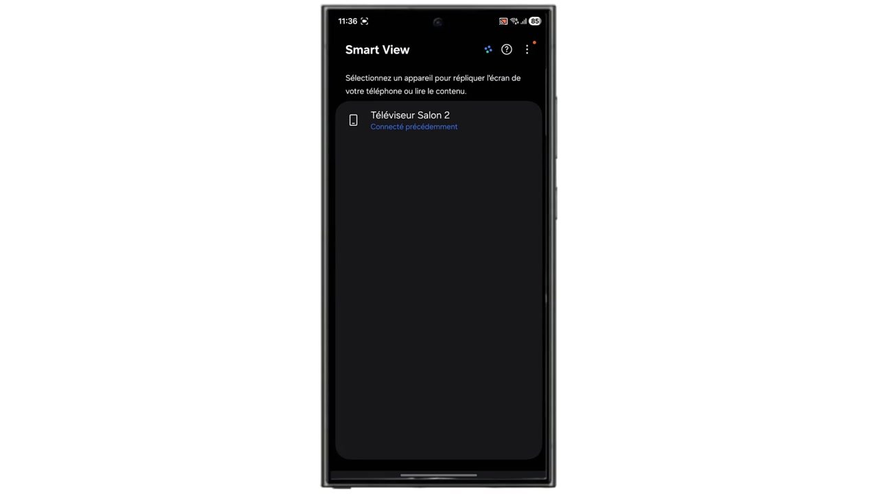 Liste Smart View du téléphone affichant le téléviseur Hisense à sélectionner