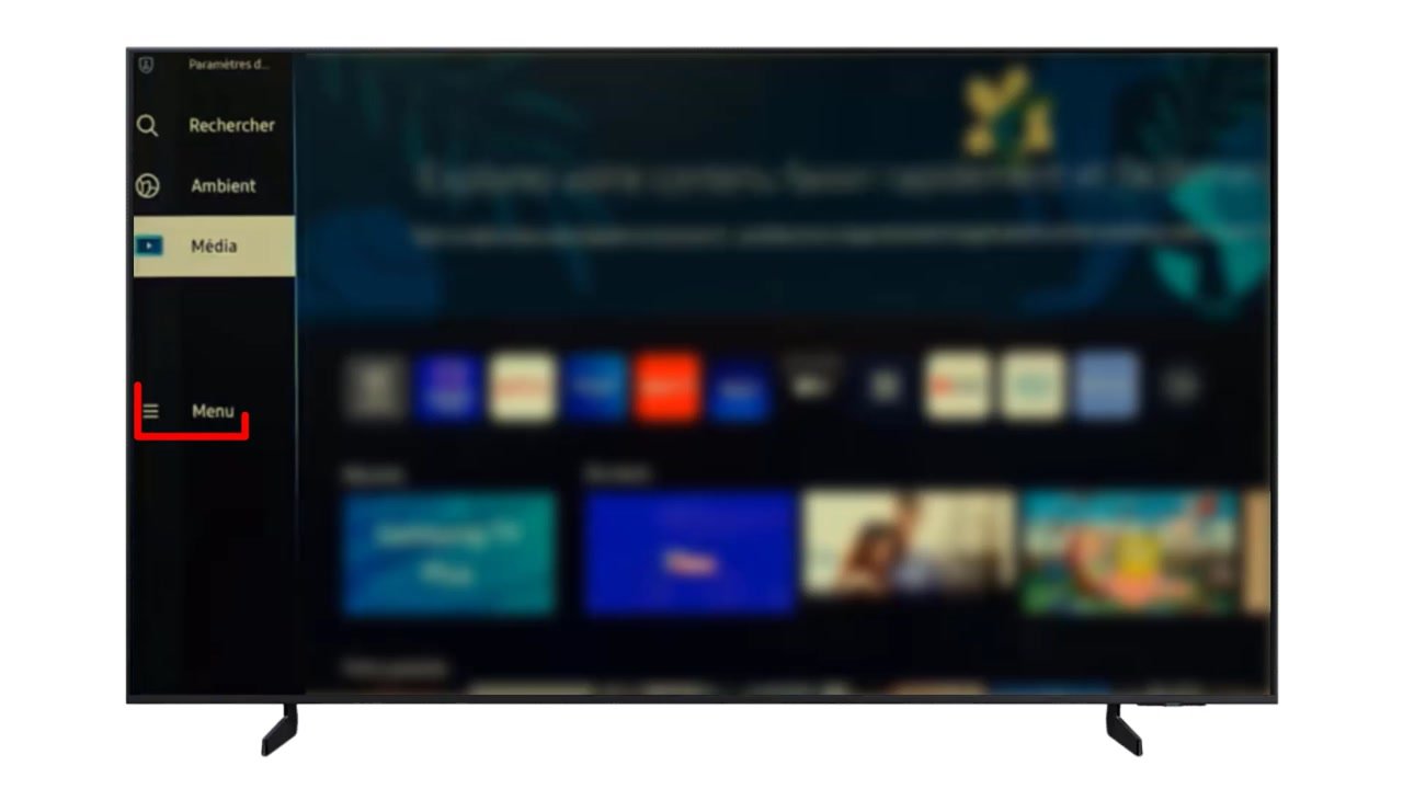 Barre de gauche de l’accueil d’une TV Samsung avec l’entrée Menu encadrée