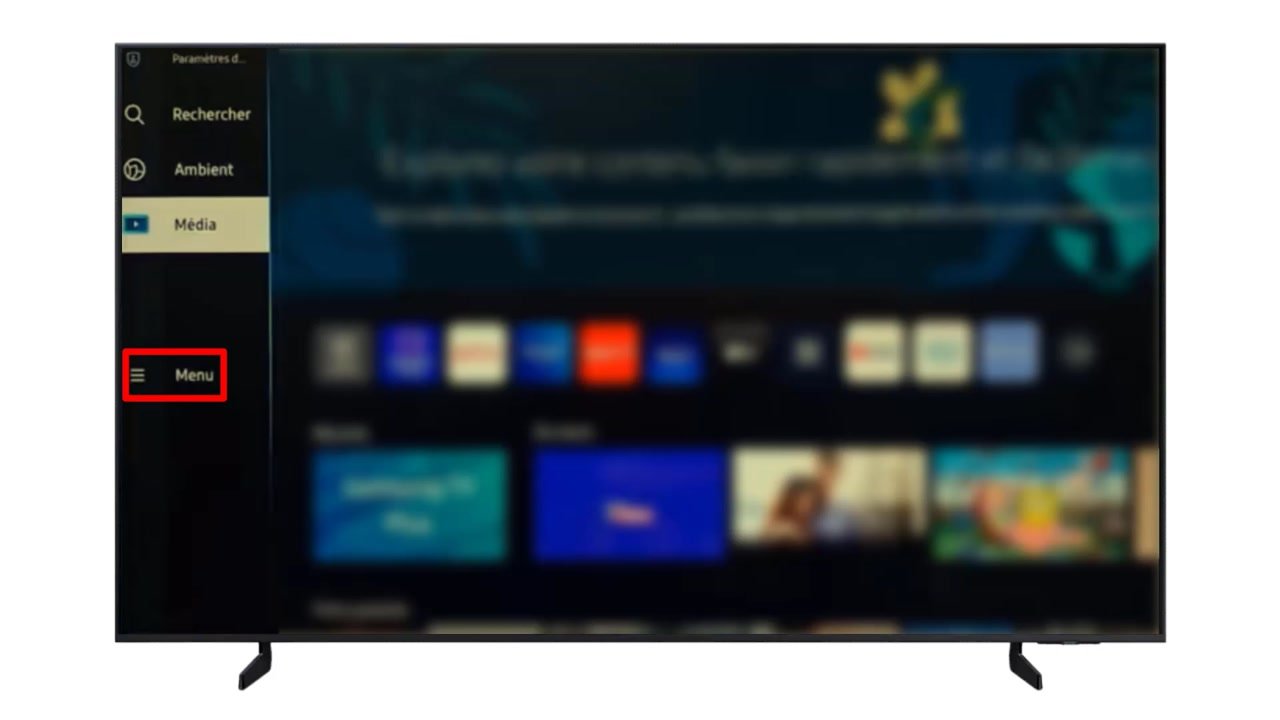 Tuile Paramètres mise en avant dans le menu d’une TV Samsung, à côté de Périphériques connectés et Multi View
