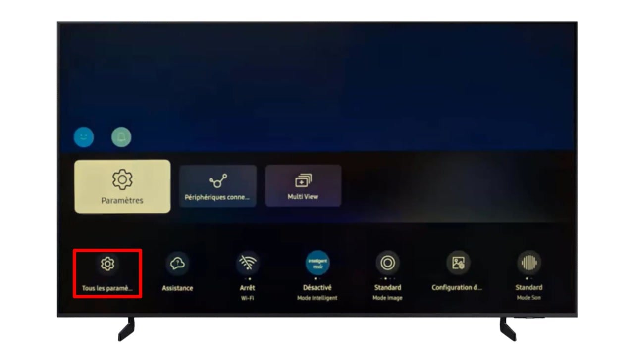Rangée des réglages rapides d’une TV Samsung avec Tous les paramètres encadré