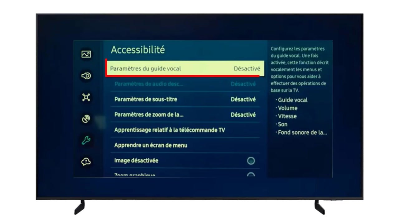 Page Accessibilité d’une TV Samsung avec la ligne Paramètres du guide vocal encadrée